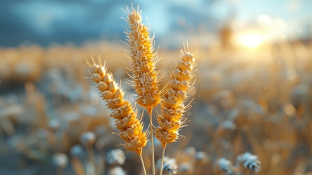 Ears of golden wheat in close-up. Beautiful natural landscape at sunset. A field with wheat.の素材