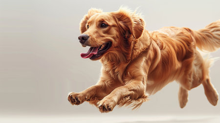 The dog, a golden retriever, Runs vigorously on a beige isolated background.の素材