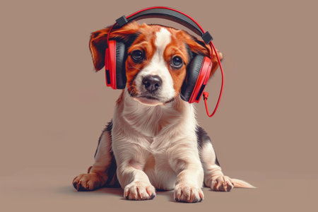 the dog is a music lover with headphones sitting and looking at the camera. Illustration.の素材