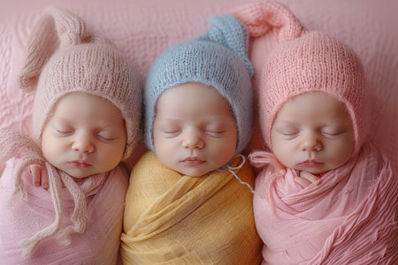 Three newborn children . Photo shoot of newborn babies.の素材