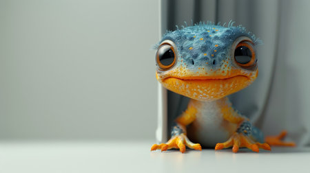 The cartoon character is a lizard in summer clothes on a white isolated background. 3d illustration.の素材