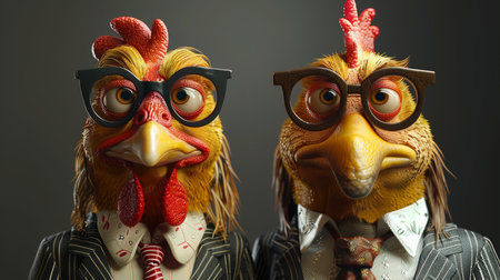 Cartoon characters of a Chicken and a rooster. 3d illustration.の素材