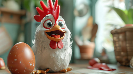 The character is a chicken with eggs. 3d illustration.の素材