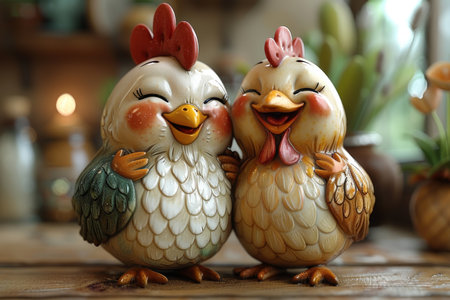 Cartoon characters of a Chicken and a rooster. 3d illustration.の素材