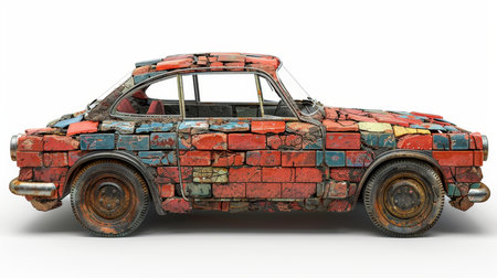 An old car made of bricks stands on a white background. 3d illustration.の素材