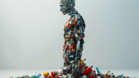 An art object of a person made of various garbage. The garbage man. The concept of clogging the planet. 3d illustration.の素材