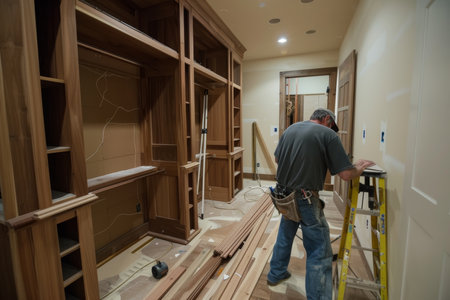 A man makes a wardrobe in a dressing room. The master repairs the cabinet.の素材