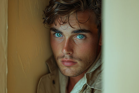 Close-up of a man peeking around the corner.の素材