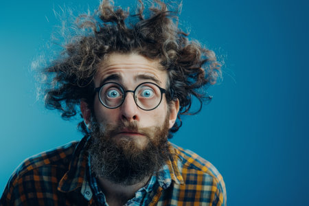 The man makes a funny face. Funny funny portrait of a man on a blue background.の素材