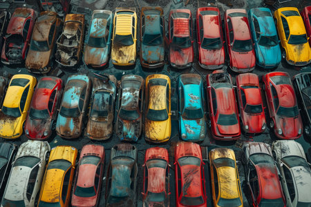 A bird's-eye view of abandoned multicolored old cars.の素材