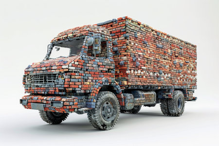 An old truck made of construction debris stands on a white background. 3d illustration.の素材