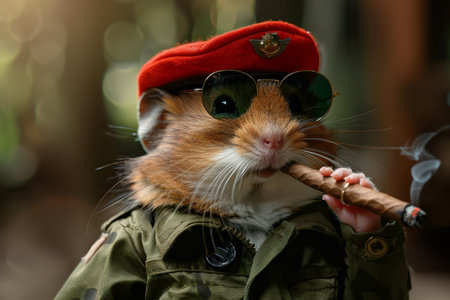 A hamster in a military uniform and a red birette with a cigar.の素材