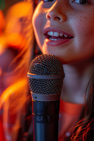 A teenage girl sings a song into a microphone in front of children.の素材