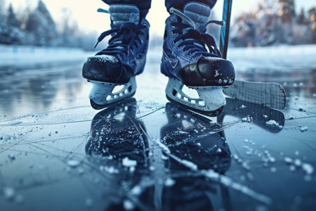 Close-up of an ice hockey player with a stick and a puck on ice.の素材