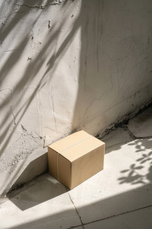 The cardboard box is lying on the surface outdoors.の素材