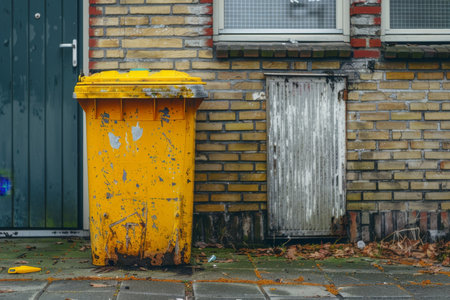 A yellow recycling container is on the street.の素材