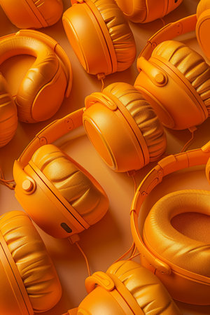 A set of orange headphones highlighted on an orange background.の素材