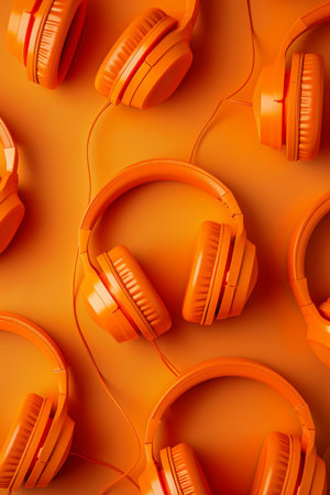 A set of orange headphones highlighted on an orange background.の素材