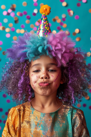 A teenage girl in festive clothes makes a funny silly face. The girl makes faces at the camera.の素材