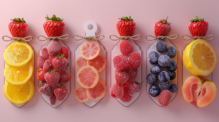 A set of labels for fruits and berries on a pink background. Labels with drawings of fruits. A template for your product. Illustration.の素材