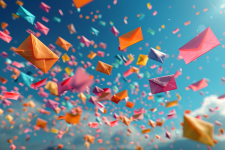 Postal envelopes flying across the sky. 3d illustration.の素材
