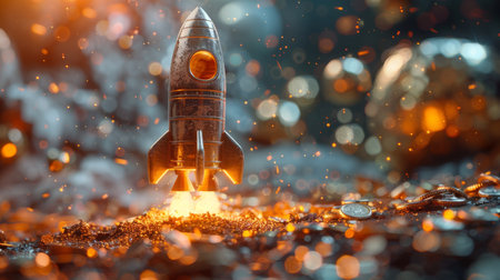 The rocket begins to take off . The concept of financial growth with a rocket taking off.の素材