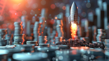 The rocket begins to take off . The concept of financial growth with a rocket taking off.の素材