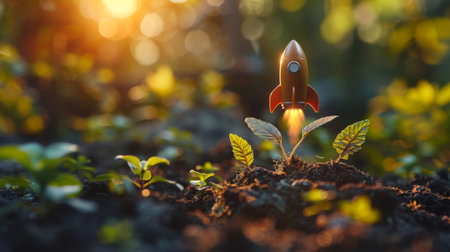The rocket begins to take off . The concept of financial growth with a rocket taking off.の素材