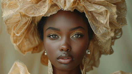 The face of a beautiful African girl in a headdress. Portrait of an African American Woman in a hat.の素材