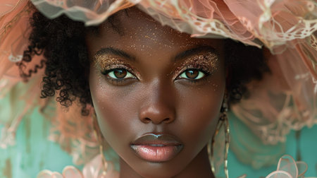 The face of a beautiful African girl in a headdress. Portrait of an African American Woman in a hat.の素材