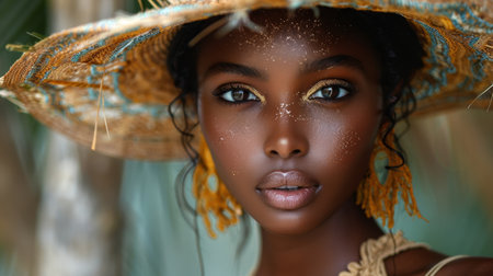 The face of a beautiful African girl in a headdress. Portrait of an African American Woman in a hat.の素材