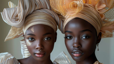 A couple of African girls in a headdress. Portrait of two African American women.の素材