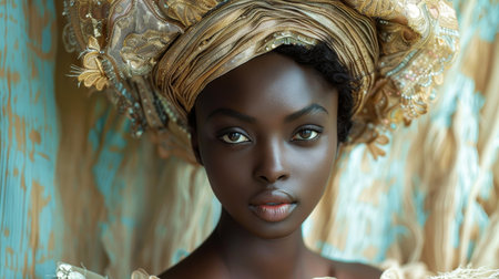 The face of a beautiful African girl in a headdress. Portrait of an African American Woman in a hat.の素材