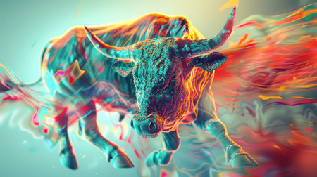 An angry bull on an abstract colorful background. Illustration.の素材
