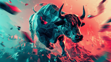 An angry bull on an abstract colorful background. Illustration.の素材