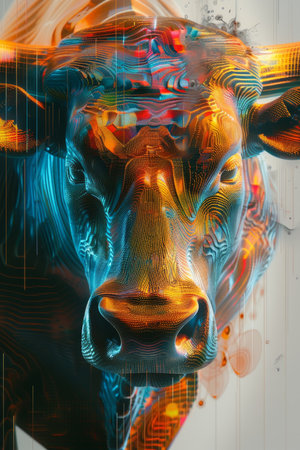 An angry bull on an abstract colorful background. Illustration.の素材