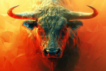 An angry bull on an abstract colorful background. Illustration.の素材