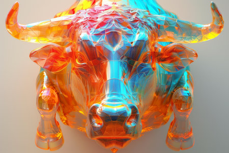 An angry bull on an abstract colorful background. Illustration.の素材