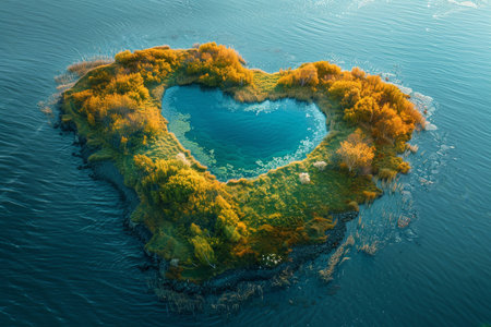 An island in the sea in the shape of a heart.の素材