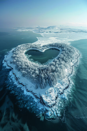 An island in the sea in winter in the shape of a heart.の素材