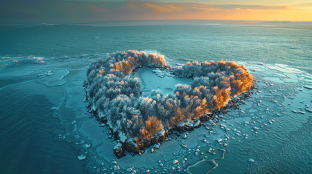 An island in the sea in winter in the shape of a heart.の素材