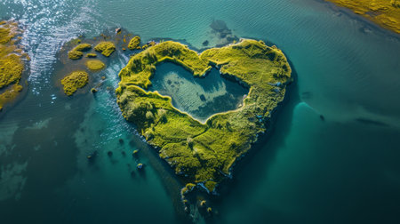 An island in the sea in the shape of a heart in summer.の素材