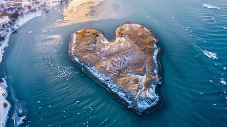 An island in the sea in winter in the shape of a heart.の素材