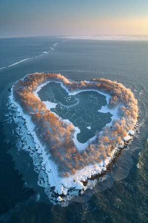 An island in the sea in winter in the shape of a heart.の素材