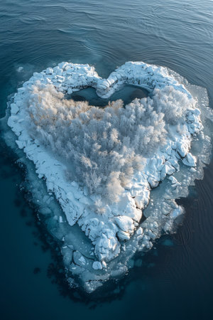 An island in the sea in winter in the shape of a heart.の素材