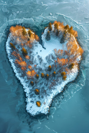 An island in the sea in winter in the shape of a heart.の素材
