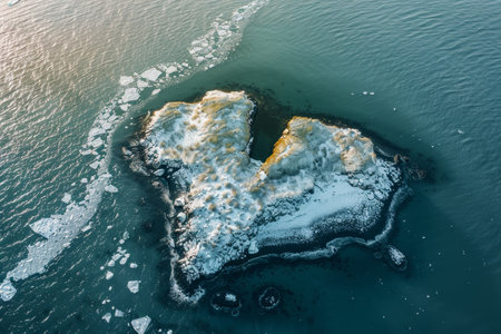 An island in the sea in winter in the shape of a heart.の素材