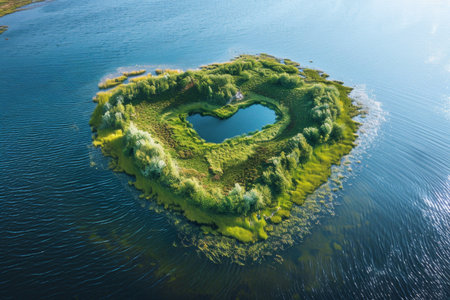 An island in the sea in the shape of a heart in summer.の素材