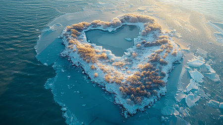 An island in the sea in winter in the shape of a heart.の素材