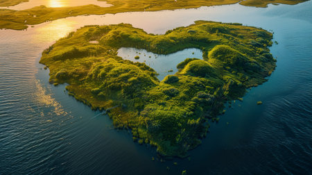 An island in the sea in the shape of a heart in summer.の素材